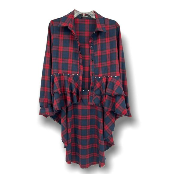 DO+BE red & blue plaid button up high low stud accent Top size small - Picture 1 of 8
